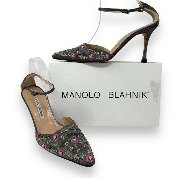 Manolo Blahnik Carolyne Vintage Gray Embroider Floral Slingback Kitten Heel 40.5 - Picture 13 of 13